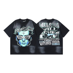 Vintage Washed Graphic Tee – Oversized Unisex Short Sleeve T-Shirt (Washed Black & Blue Series)