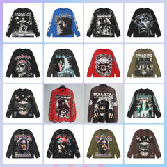 Hellstar Skull & Lightning Print Acid Wash Vintage Long Sleeve Hoodie