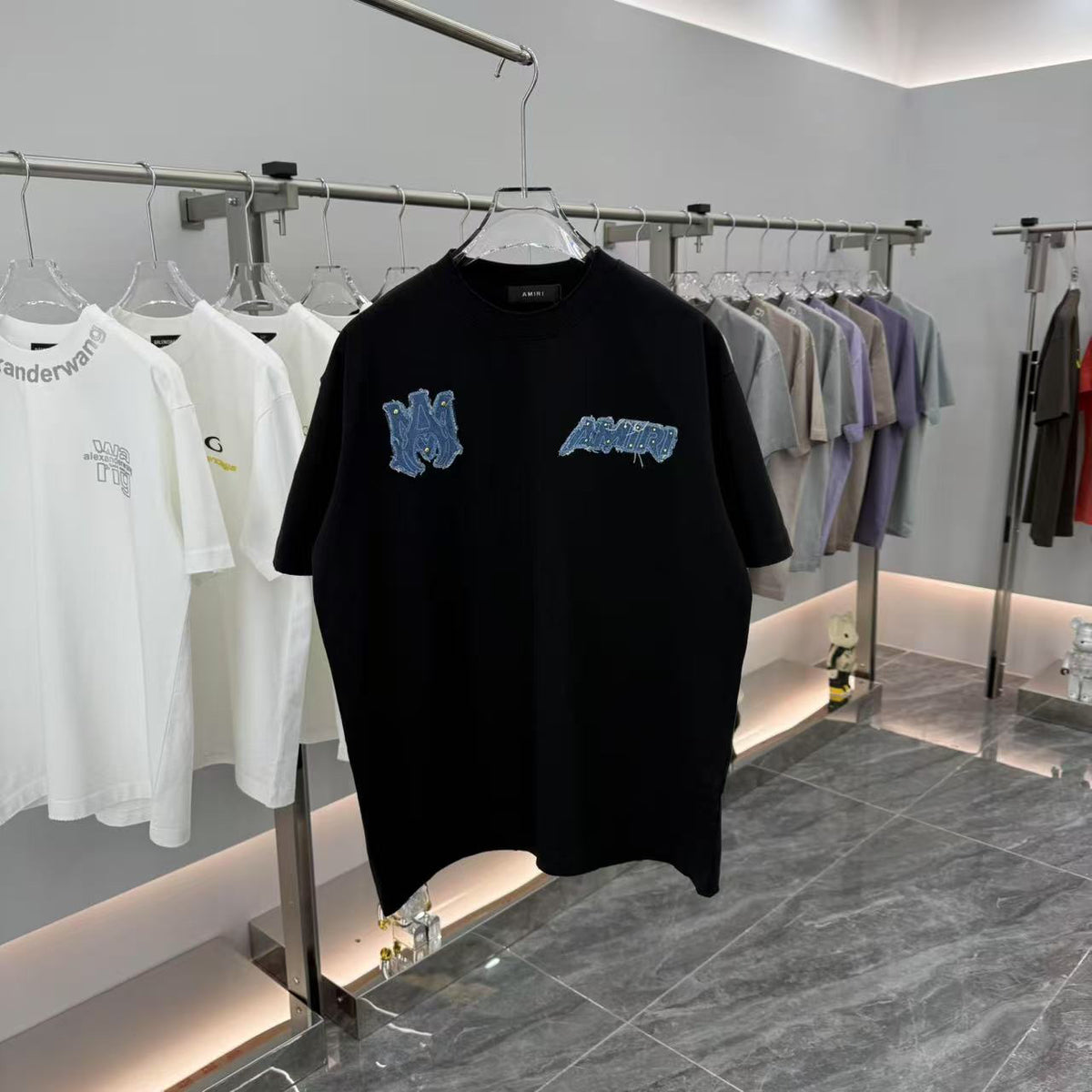AMIRI Denim Rivet Patchwork Front & Back Graphic Crew Neck Short‑Sleeve T‑Shirt