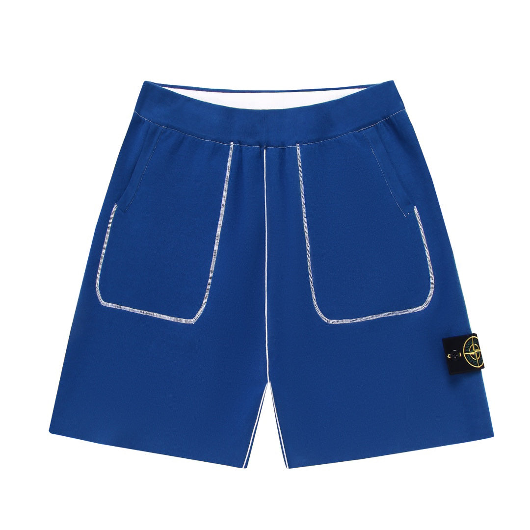 Stone Island Technical Fabric Shorts with Bilateral Front Patch Pockets Contrast Topstitching and Compass Badge
