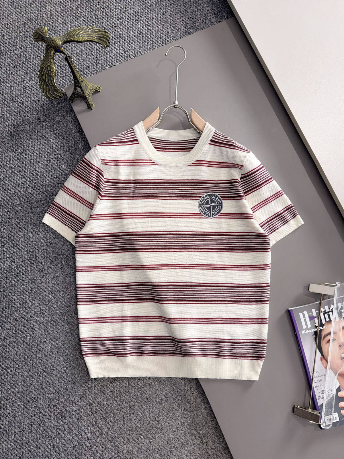 Stone Island Fine Gauge Knit Striped T-Shirt with Circular Compass Badge