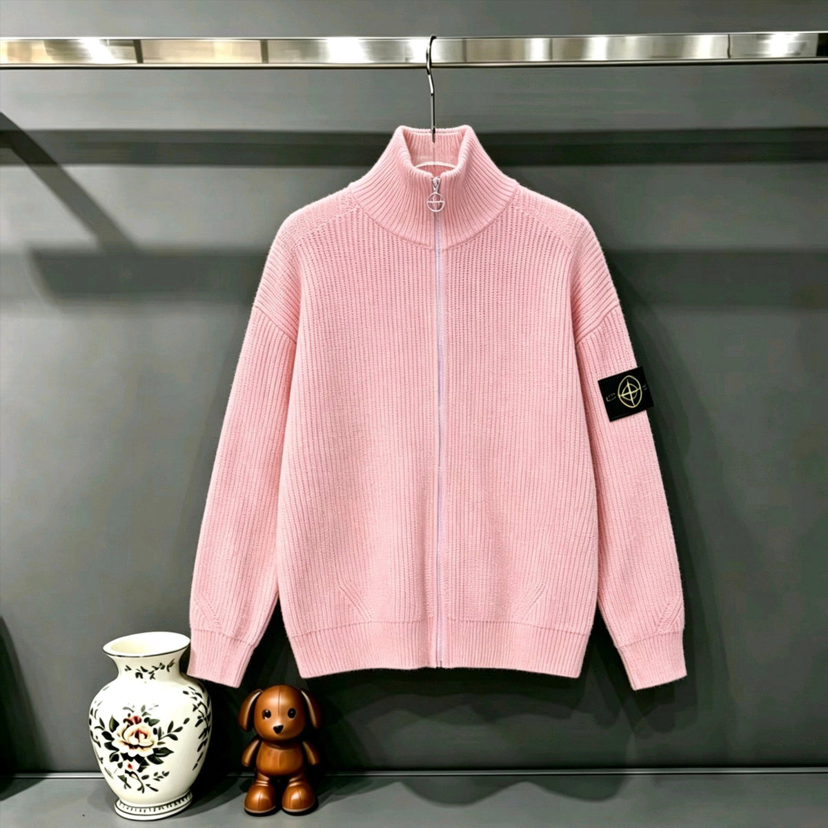 Stone Island Full-Zip Turtleneck Chunky Rib Knit Jacket