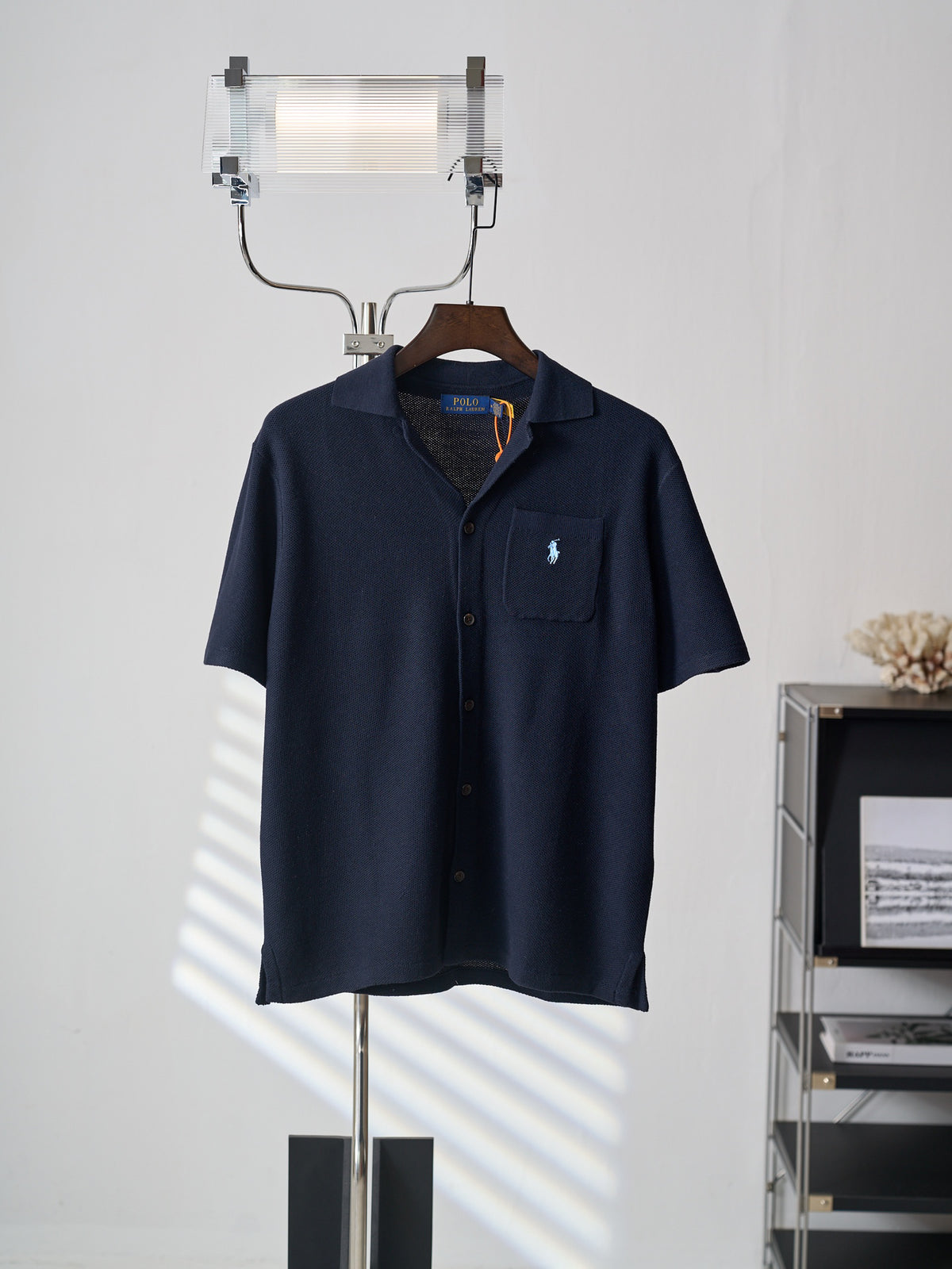 Polo Ralph Lauren Men's Camp‑Collar Button‑Front Waffle‑Knit Short‑Sleeve Shirt, Grey Pony Embroidery