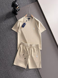 Men's 2‑Piece Outfit, Crew Neck Short‑Sleeve T‑Shirt + Drawstring Shorts Set Horse Embroidery Casual Tracksuit