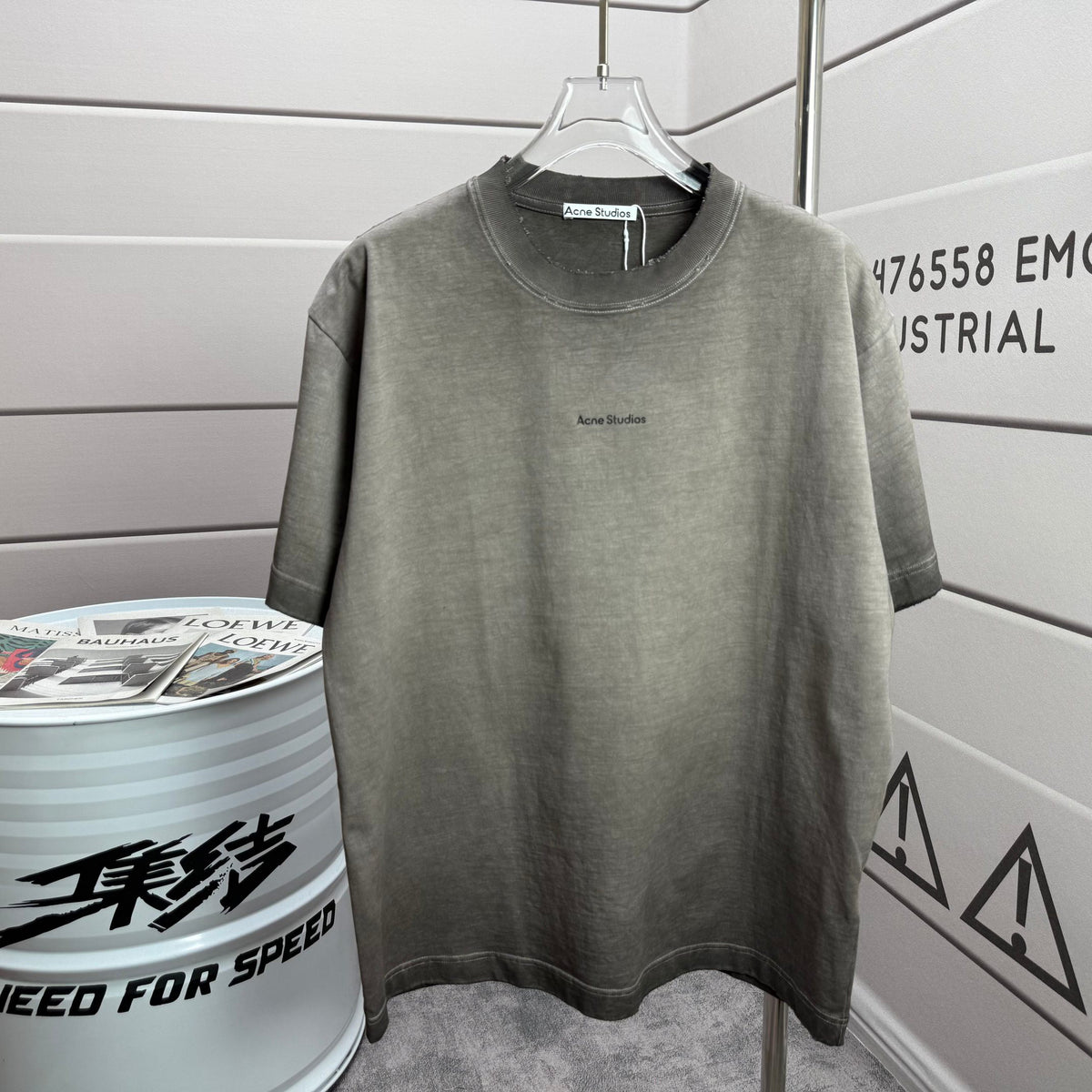 Acne Studios Minimal Centered Chest‑Text Distressed‑Trim Crew‑Neck Short‑Sleeve T‑Shirt