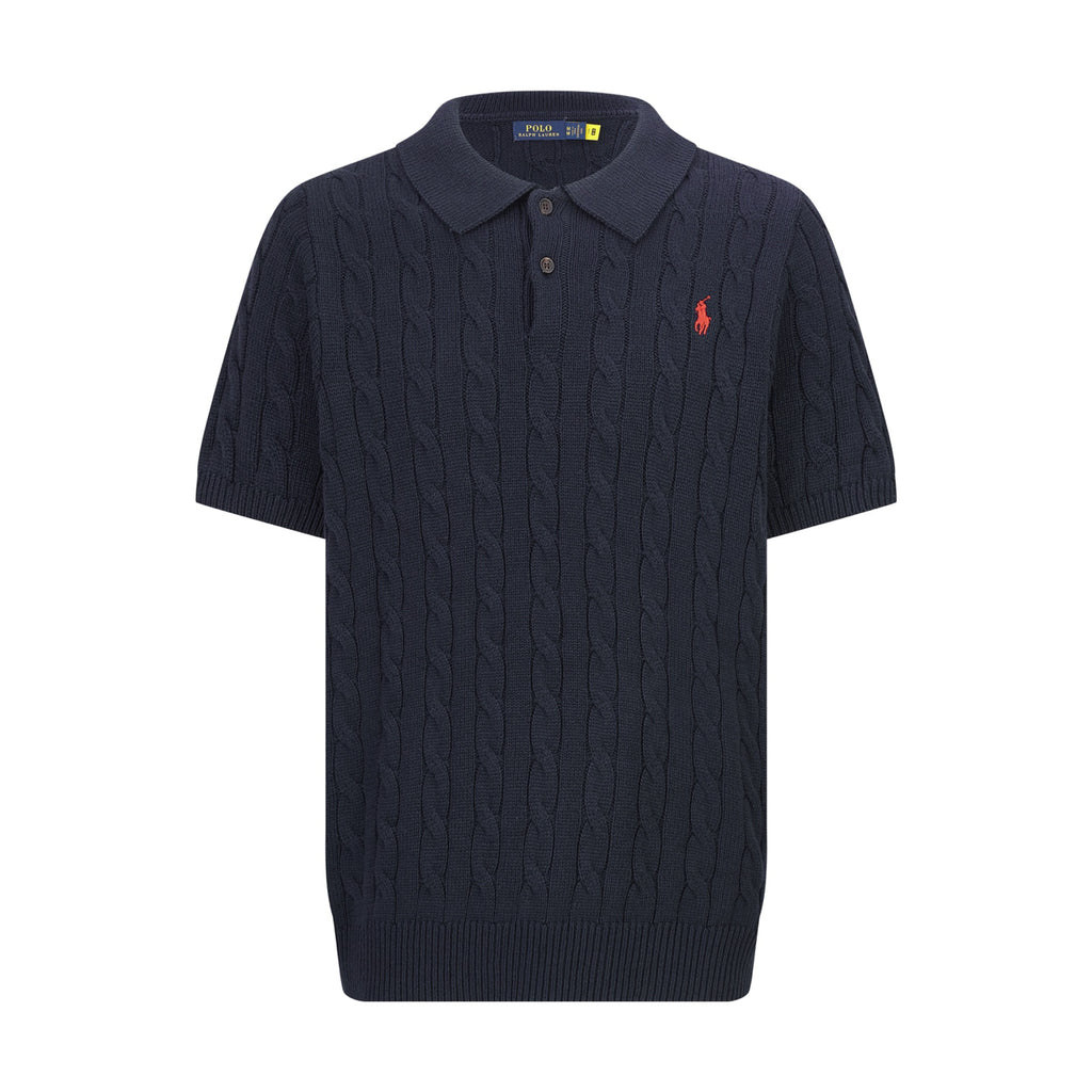 Polo Ralph Lauren Men’s Cable‑Knit Short‑Sleeve Polo Shirt With Navy Pony Embroidery