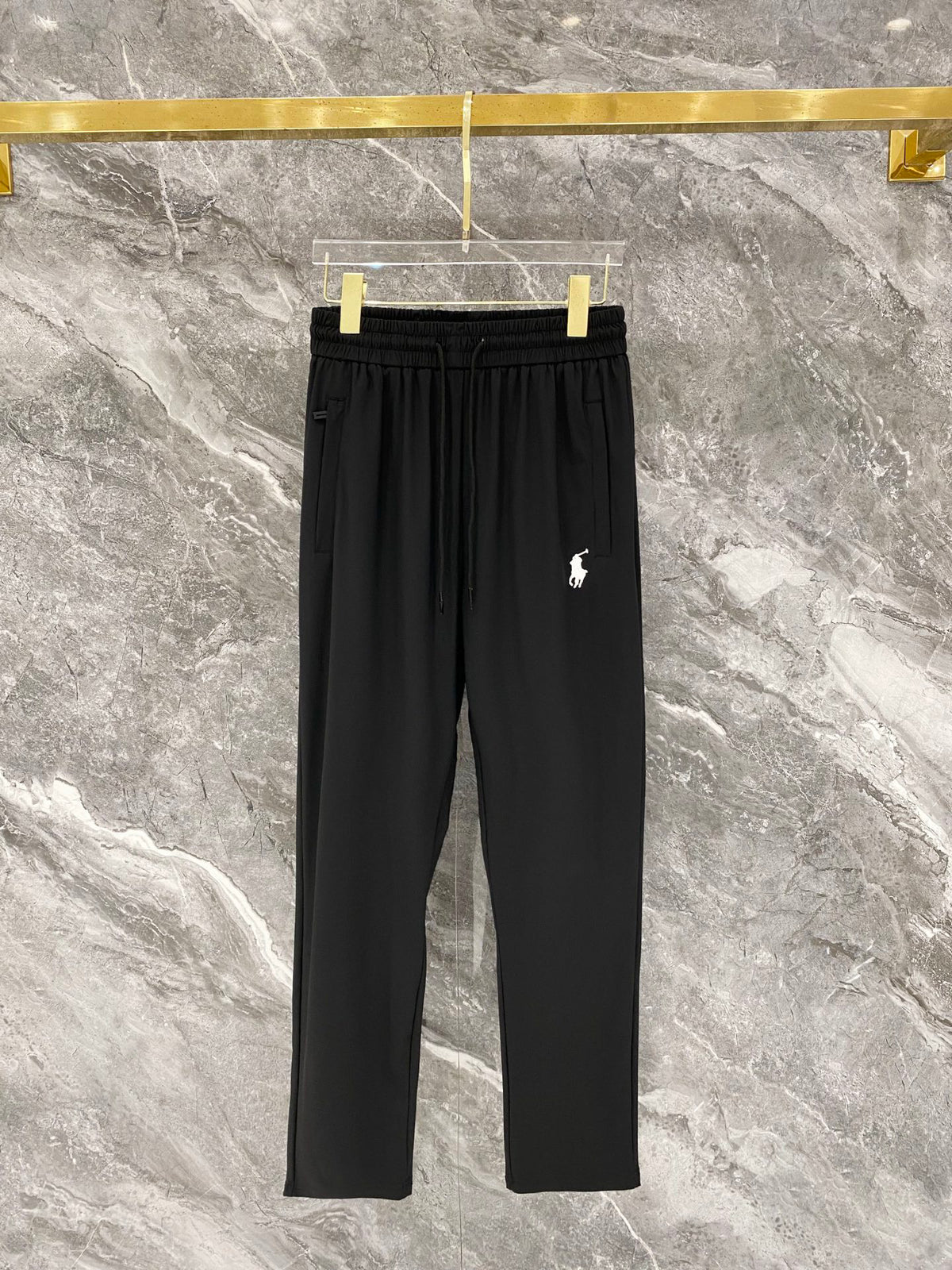 Men's Quick‑Dry Drawstring Casual Pants Horse Embroidery Elastic Waist Trousers With Zipper Pockets