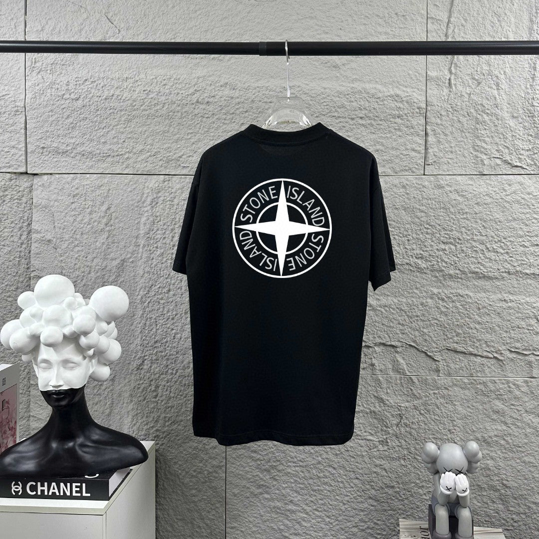 Stone Island Engineering and Garment Dyeing Expertise Heat-Transfer Print T-Shirt - Compass Badge Back, Coordinates Front