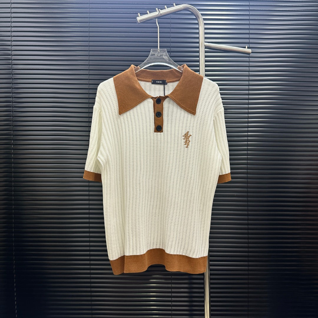 AMIRI Contrast‑Trim Ribbed Knit Short‑Sleeve Polo Shirt