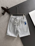 Men's White Drawstring Denim‑Style Casual Shorts, Blue Rider Embroidery Knee‑Length Shorts