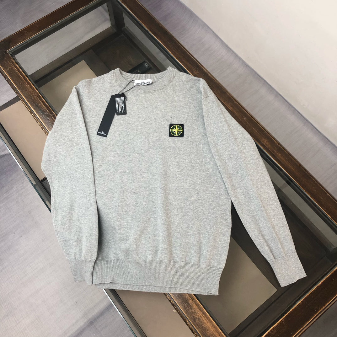 Stone Island Fine-Knit Crew Neck Pullover Sweater with Chest Compass Badge