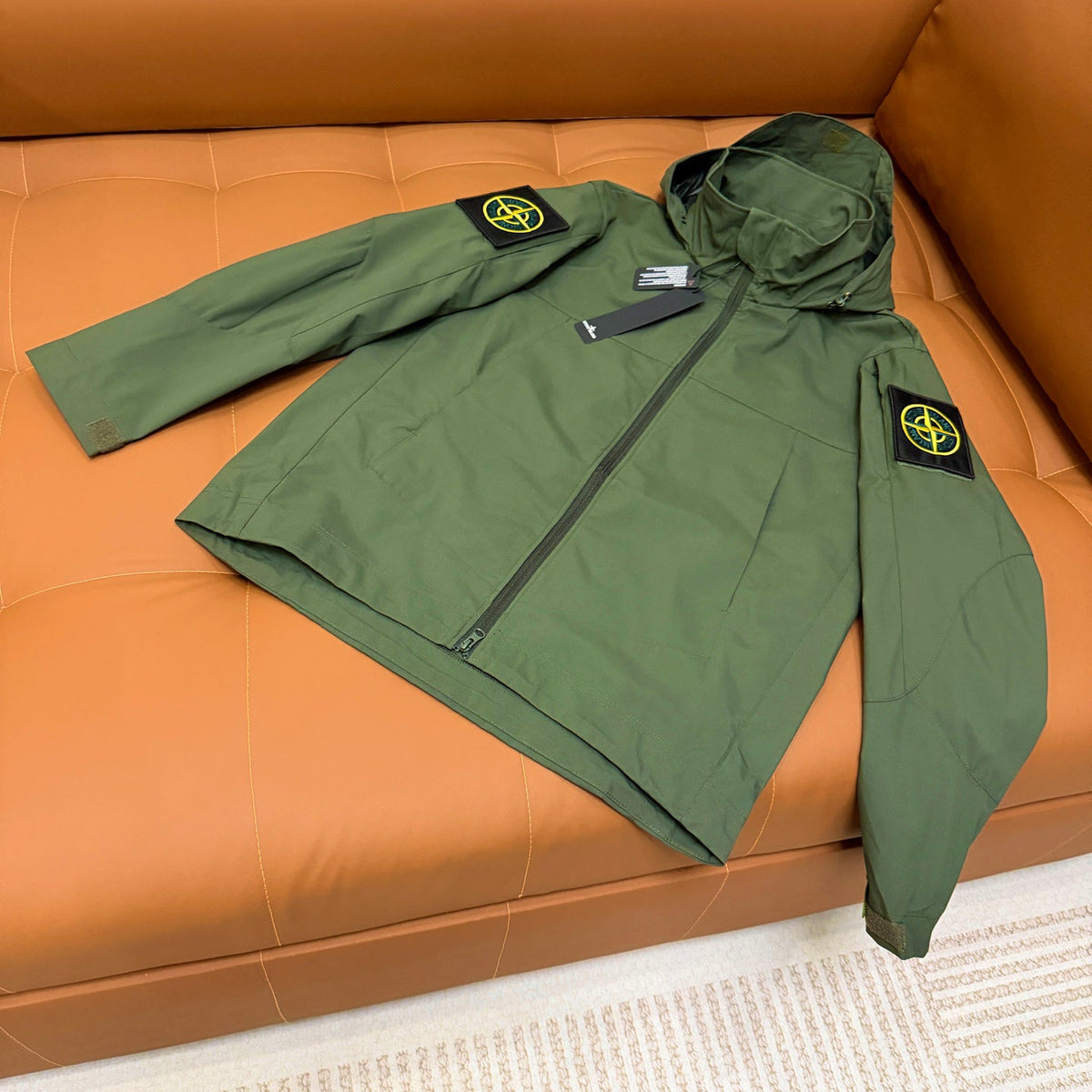 Stone Island Hooded Shell Jacket — Yellow & Teal Embroidered Compass Badge, YKK Full-Length Concealed Zip, Storm Flap