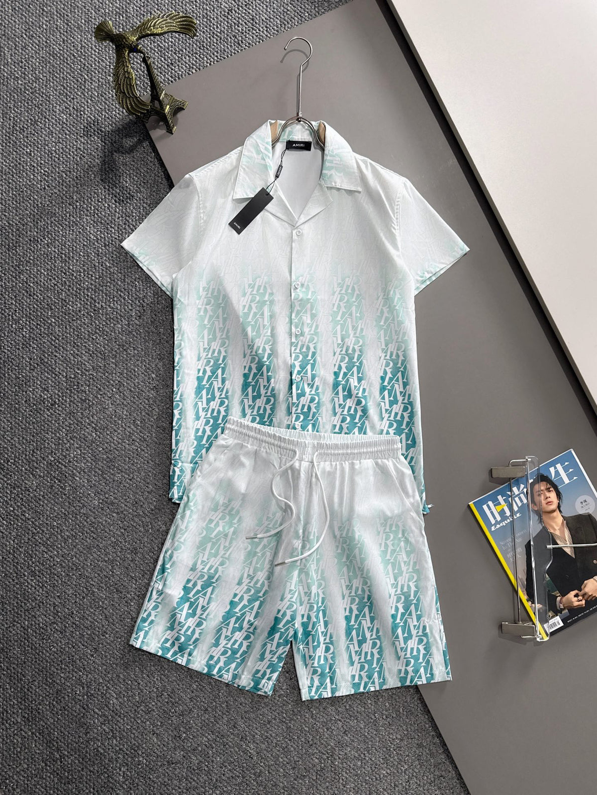 AMIRI Gradient All‑Over Logo Print Camp Collar Shirt and Shorts Set