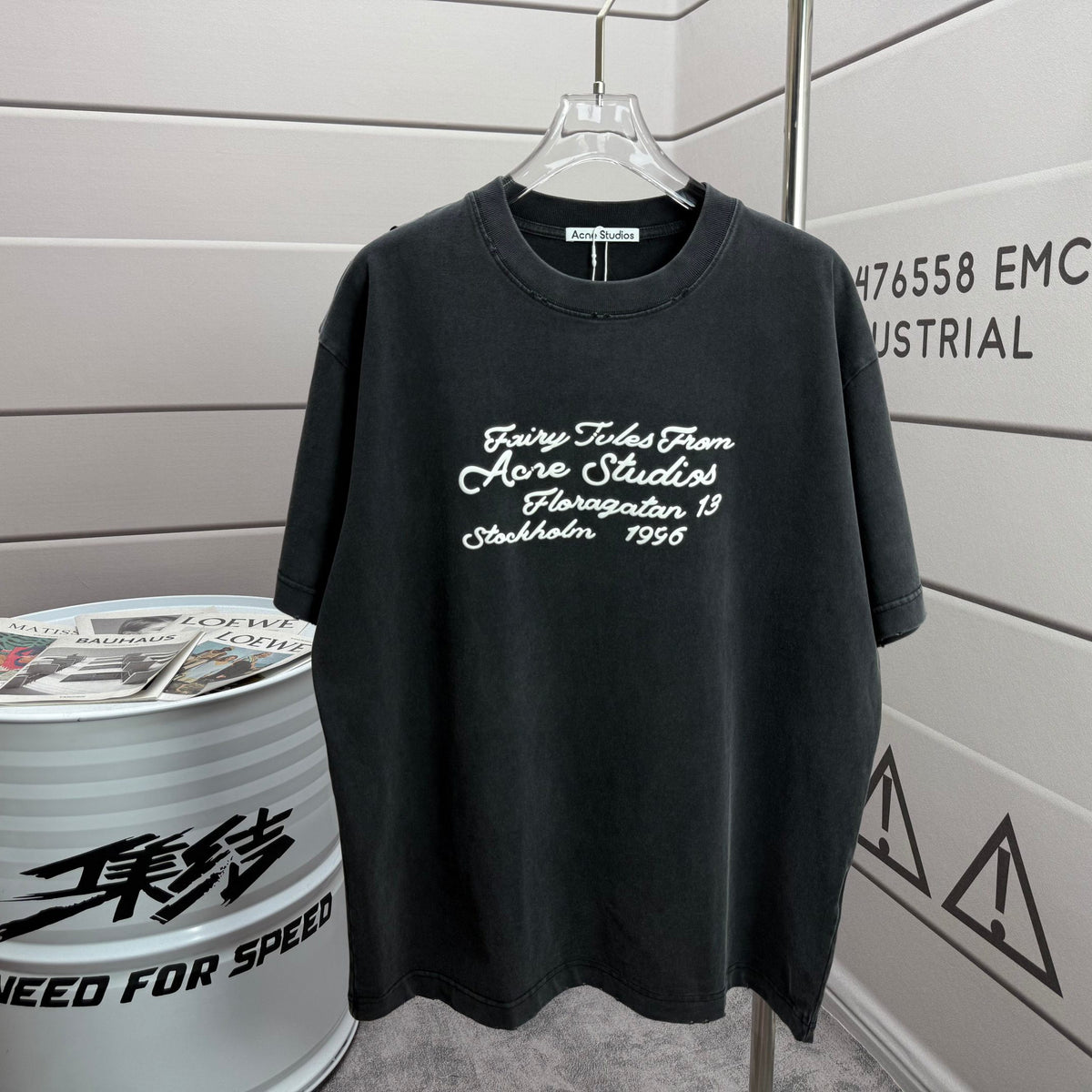Acne Studios Fairy‑Tales Cursive‑Text Distressed‑Trim Crew‑Neck Short‑Sleeve T‑Shirt