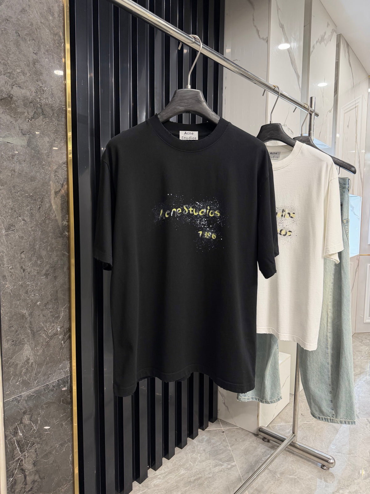 Acne Studios Spray‑Effect Brand‑Script Distressed‑Trim Oversized Crew‑Neck T‑Shirt