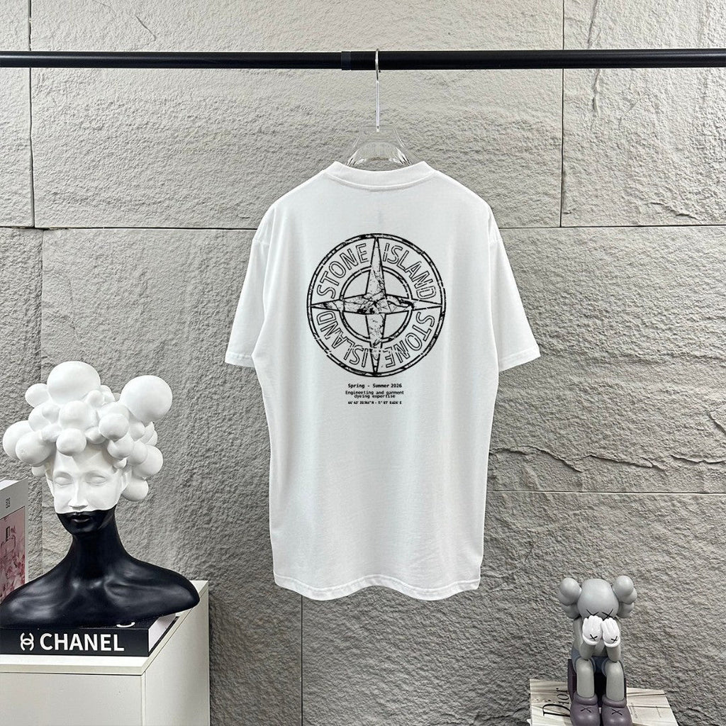 Stone Island Spring–Summer 2026 Distressed Compass Rose Heat-Transfer Print T-Shirt - Front Text Stack, Oversized Back Badge
