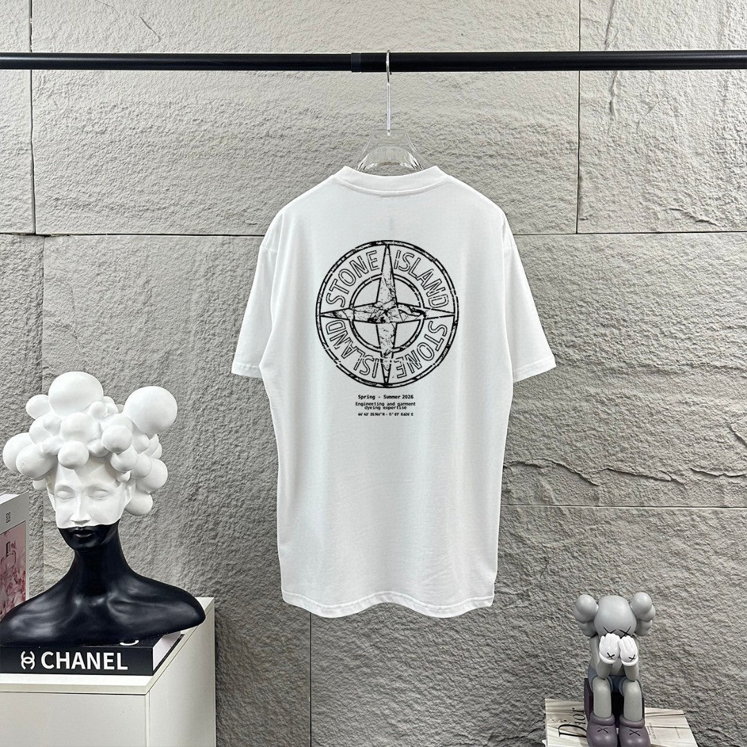 Stone Island Spring–Summer 2026 Distressed Compass Rose Heat-Transfer Print T-Shirt - Front Text Stack, Oversized Back Badge