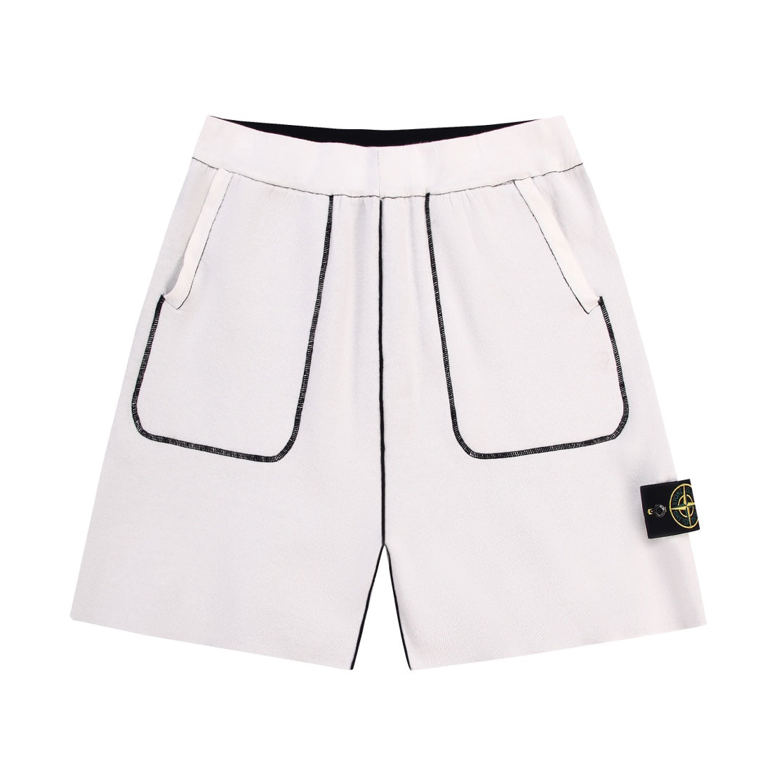 Stone Island Technical Fabric Shorts with Bilateral Front Patch Pockets Contrast Topstitching and Compass Badge