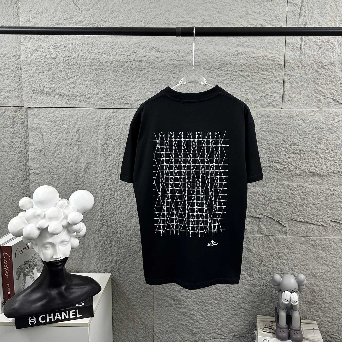 Stone Island Script Logo Embroidery T-Shirt with Dashed Geometric Lattice Back Print