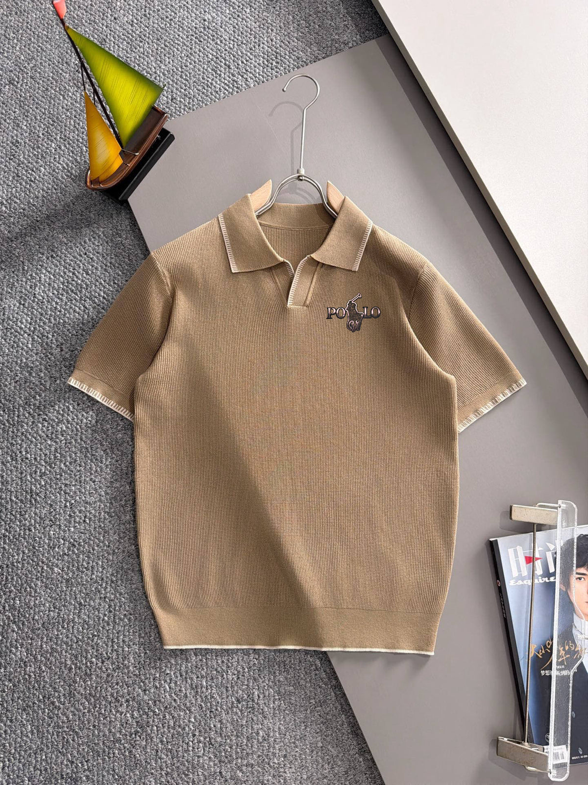 Men's Knit Short‑Sleeve Polo Shirt Contrast Trim Collar Embroidery Top