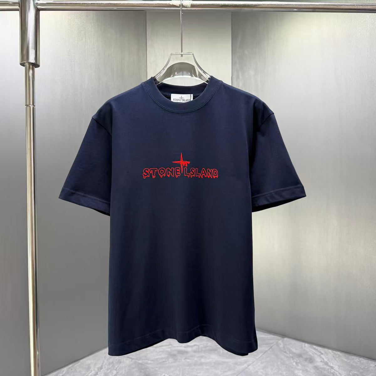 Stone Island Spring–Summer 2026 T-Shirt — Flock-Print Bubble Letter Logo, Compass Star Centre Chest