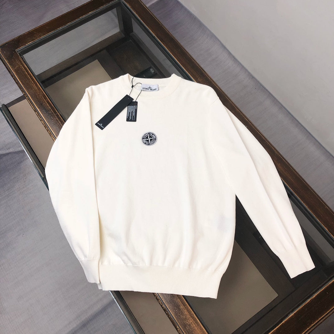 Stone Island Medium-Gauge Knit Crew Neck Pullover Sweater with Circular Monochrome Compass Badge