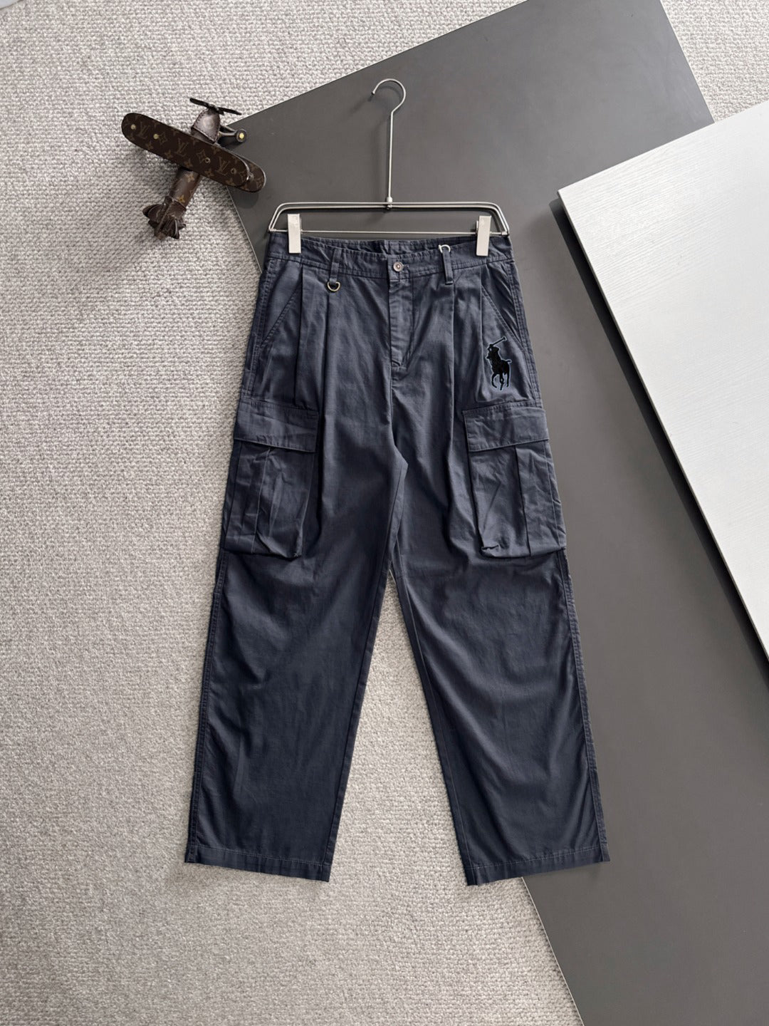 Men's Black Wide‑Leg Cargo Pants, Multi Pockets Rider Embroidery Casual Trousers