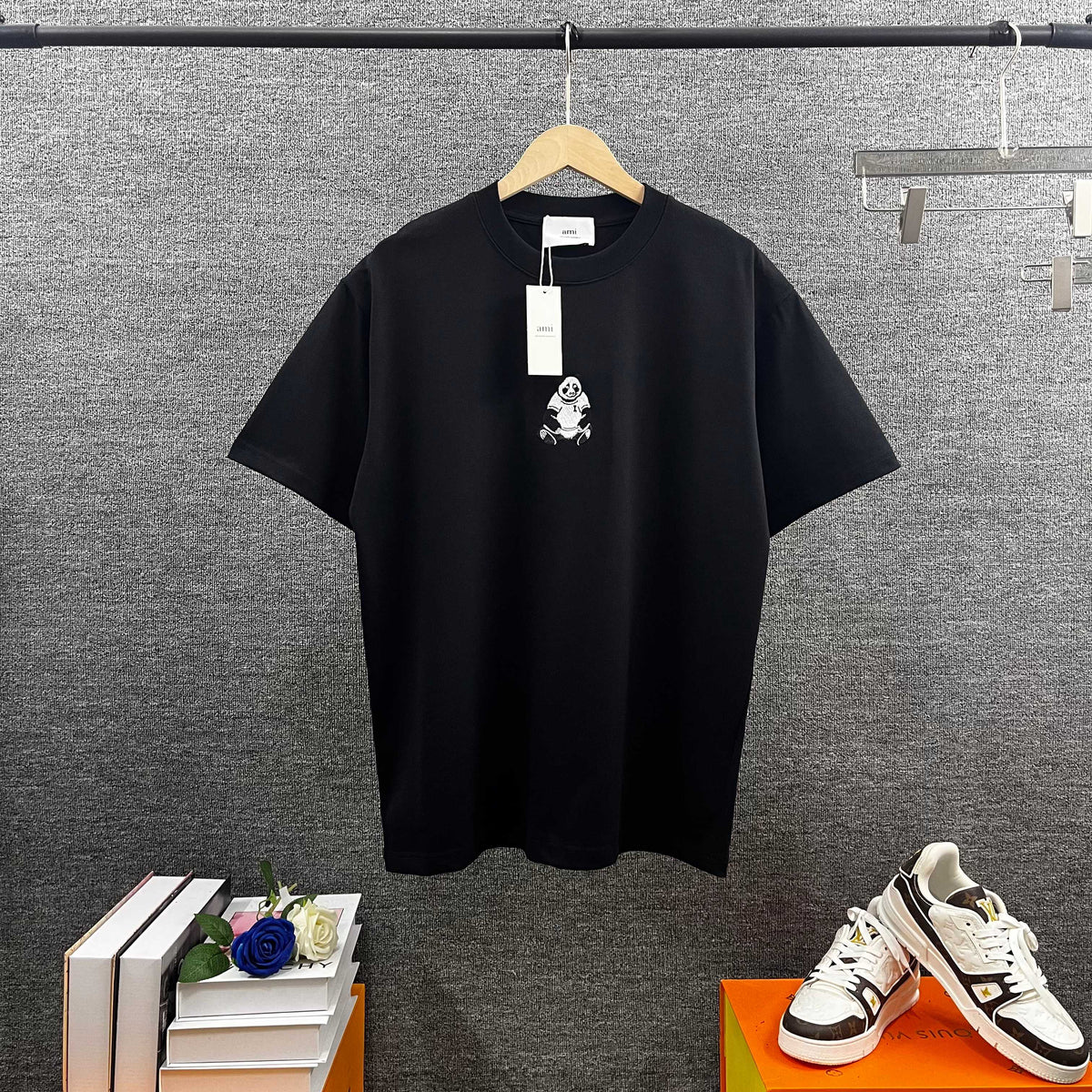 AMI Paris Panda Embroidered Chest Crew Neck Short‑Sleeve T‑Shirt