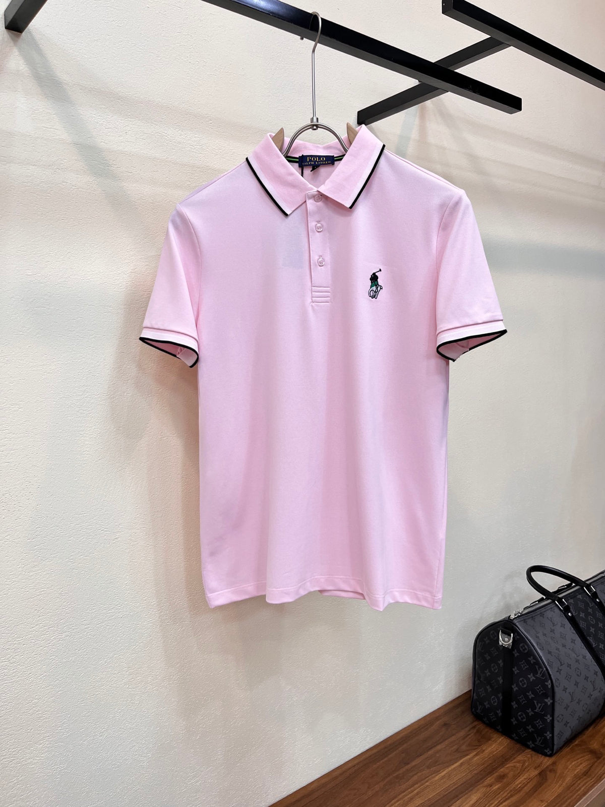 Men's Short‑Sleeve Polo Shirt with Striped Collar & Pony Embroidery