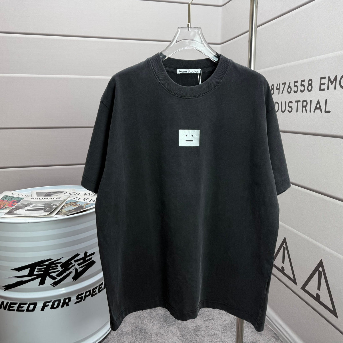 Acne Studios Square Patch‑Detail Distressed‑Trim Crew‑Neck Short‑Sleeve T‑Shirt