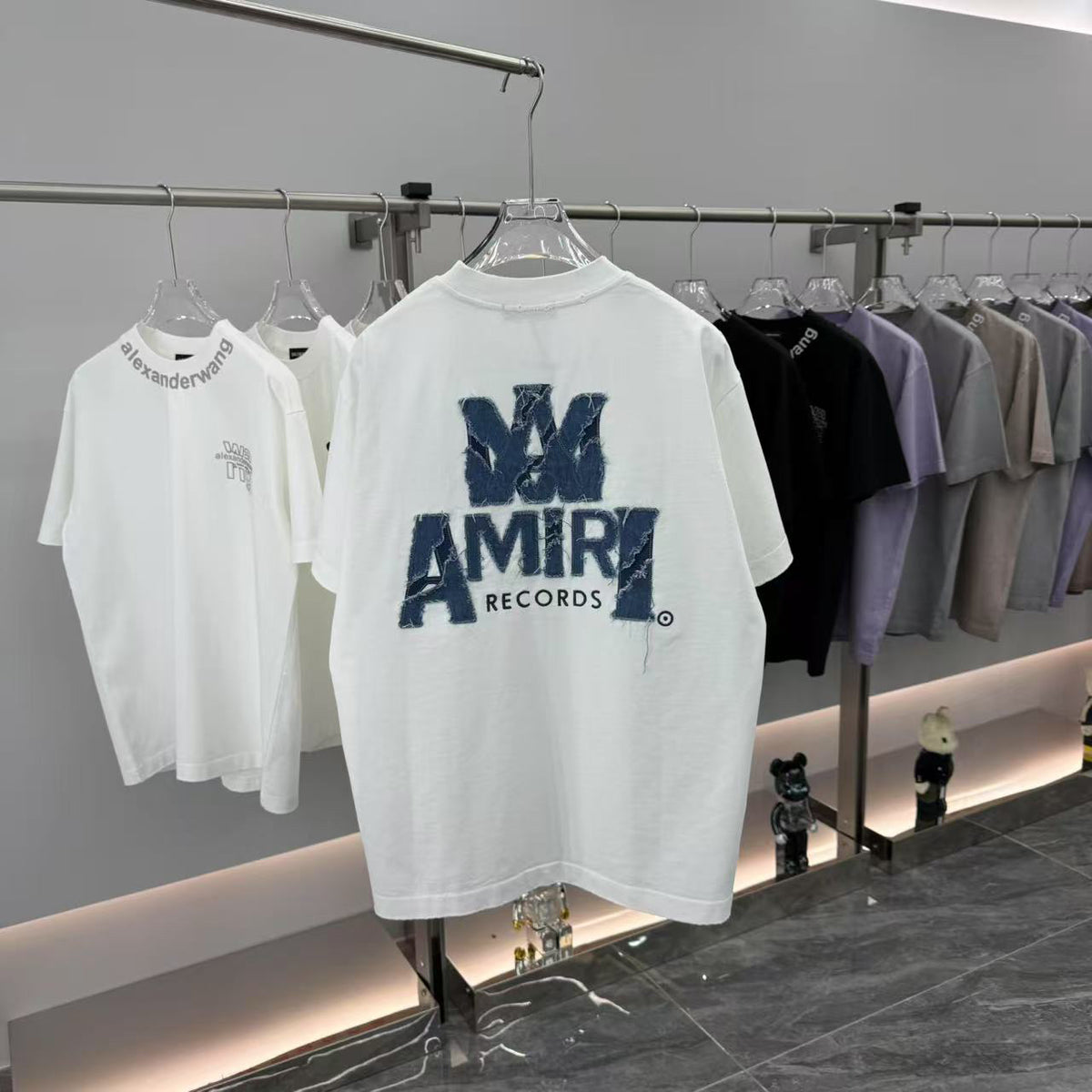 AMIRI Records Denim Patch Applique Back Graphic Crew Neck Short‑Sleeve T‑Shirt
