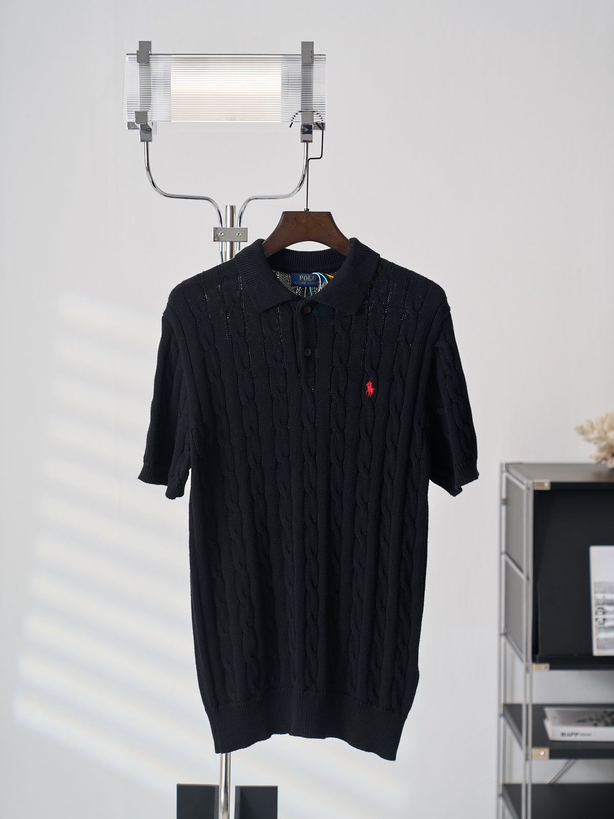 Ralph Lauren Men's Cable‑Knit Short‑Sleeve Polo Shirt, Navy Pony Embroidery