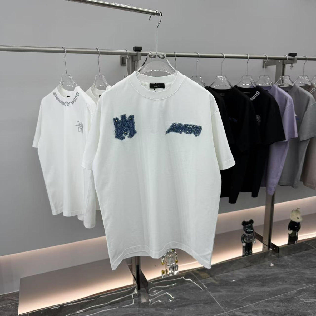 AMIRI Denim Rivet Patchwork Front & Back Graphic Crew Neck Short‑Sleeve T‑Shirt