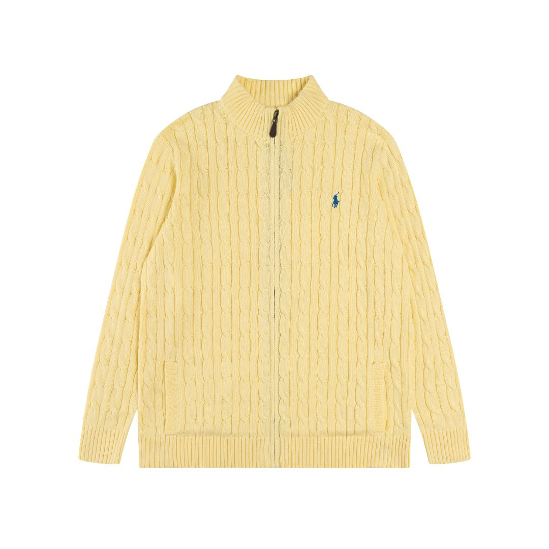 Ralph Lauren Men's Full‑Zip Cable Knit Stand Collar Cardigan Sweater With Navy Pony Logo