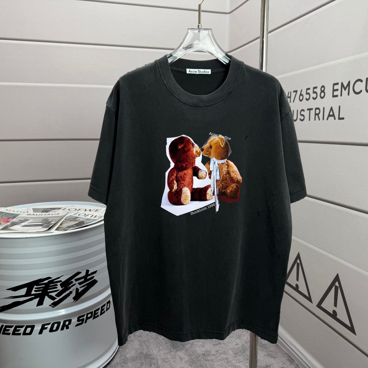 Acne Studios Two‑Teddy‑Bear Graphic Distressed‑Trim Crew‑Neck Short‑Sleeve T‑Shirt