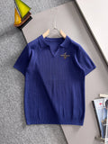 Men's Vertical Ribbed Knit Short‑Sleeve Polo Shirt Open V‑Collar Chest Embroidery Top