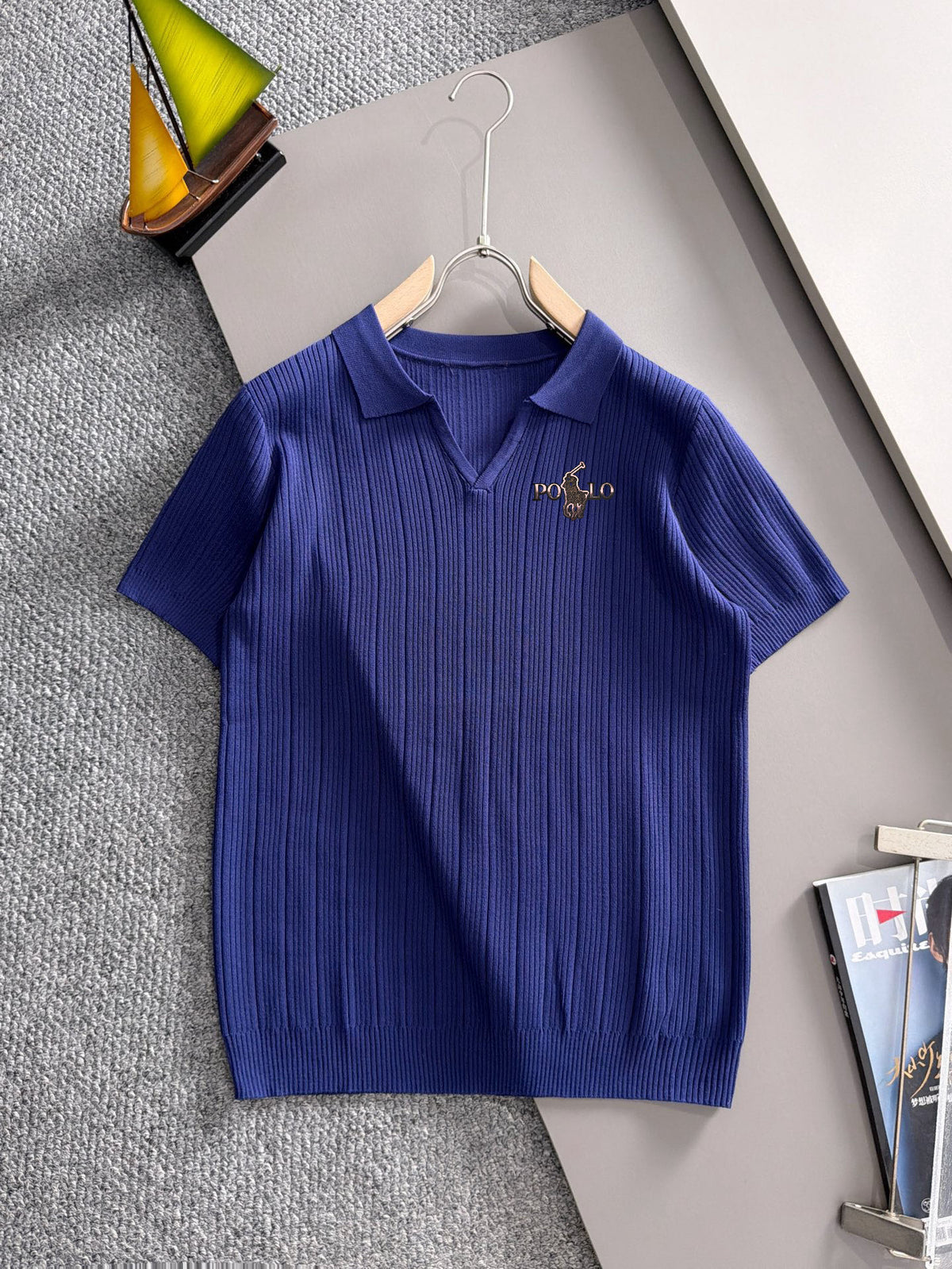 Men's Vertical Ribbed Knit Short‑Sleeve Polo Shirt Open V‑Collar Chest Embroidery Top