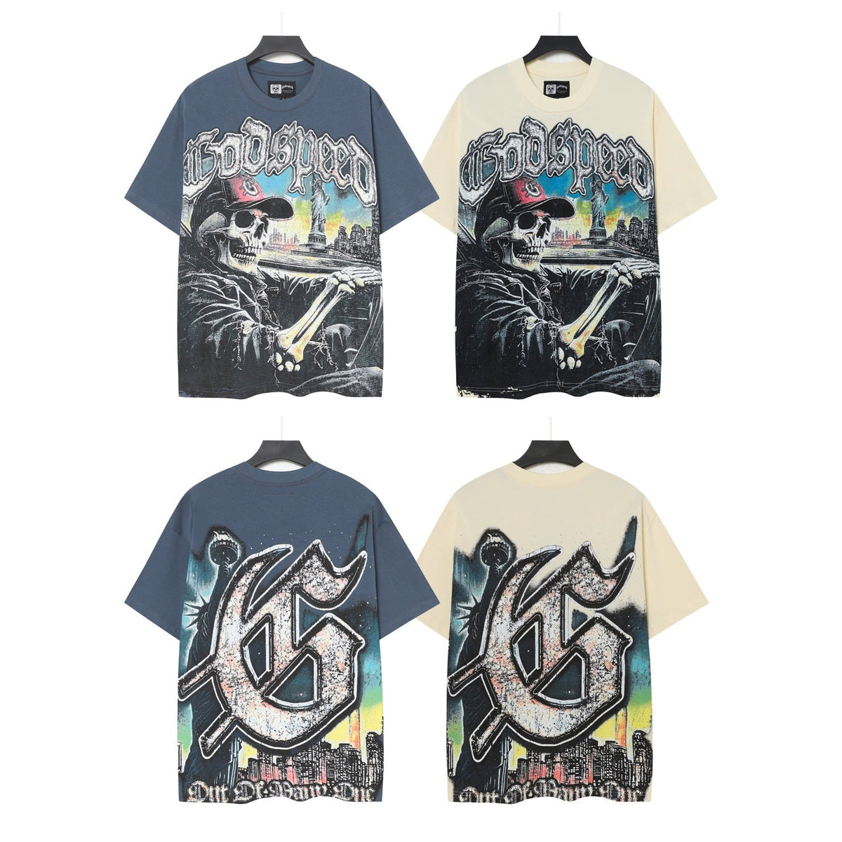 Godspeed Skeleton Driving NYC Double‑Sided Short Sleeve Tee (Slate Blue / Cream Yellow)
