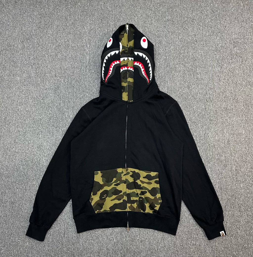 BAPE SS25 Shark Full-Zip Double Hood Hoodie — Color-Block Camo