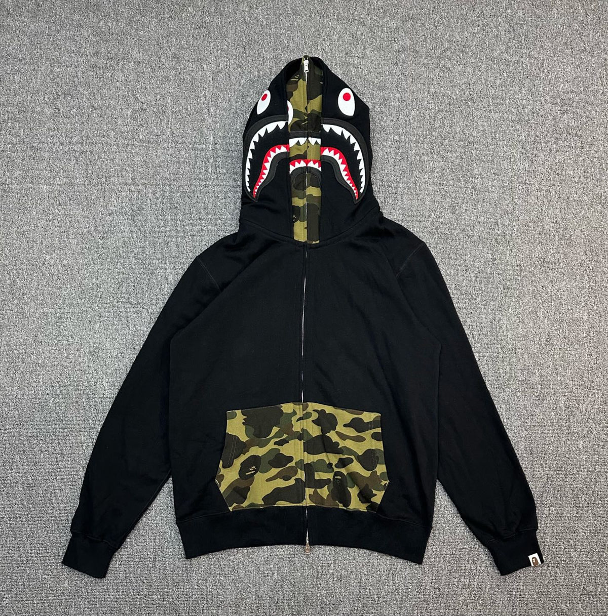 BAPE SS25 Shark Full-Zip Double Hood Hoodie — Color-Block Camo