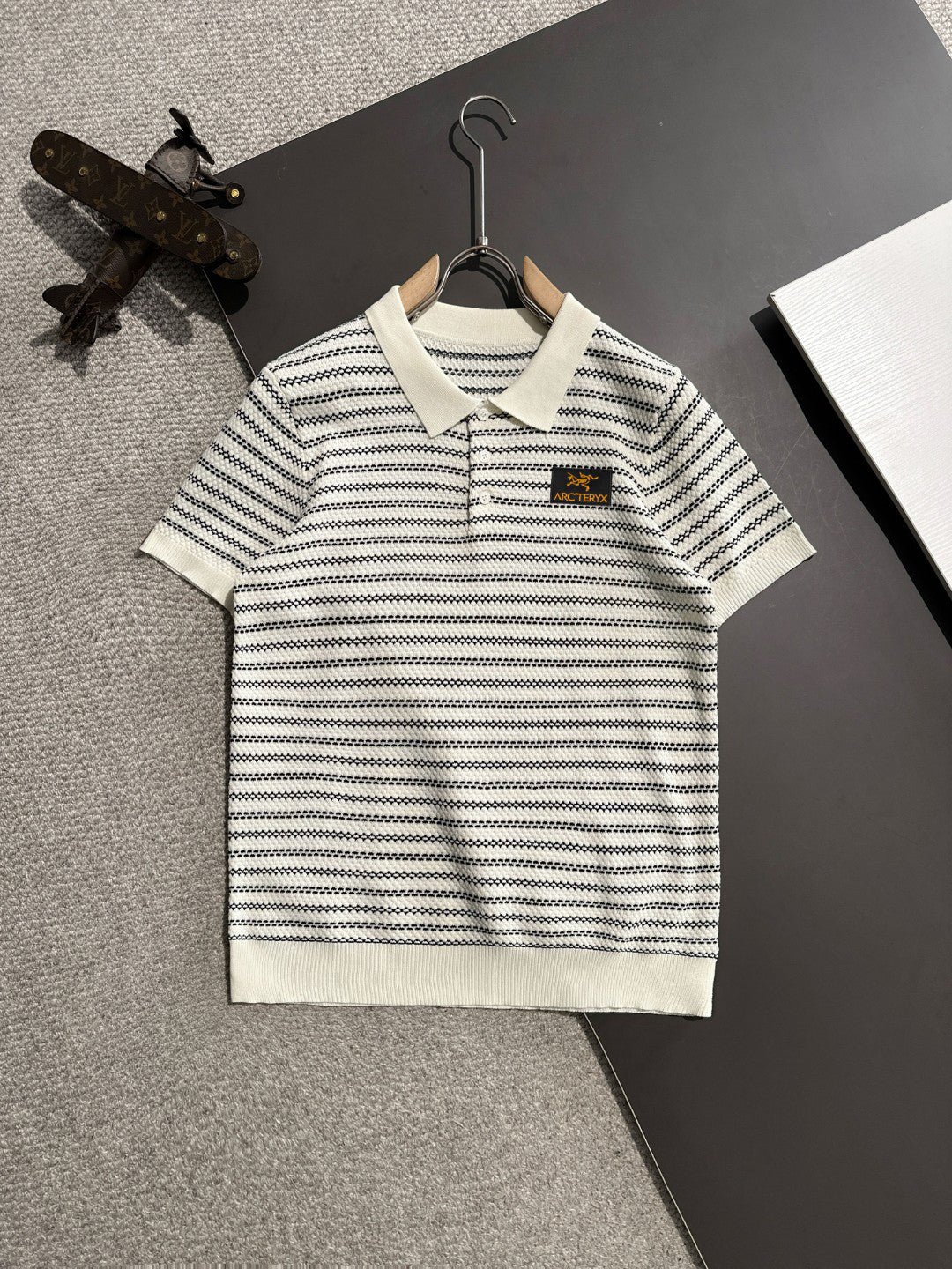 Arc'teryx Jacquard Stripe Knit Polo Shirt with Gold Bird Woven Badge