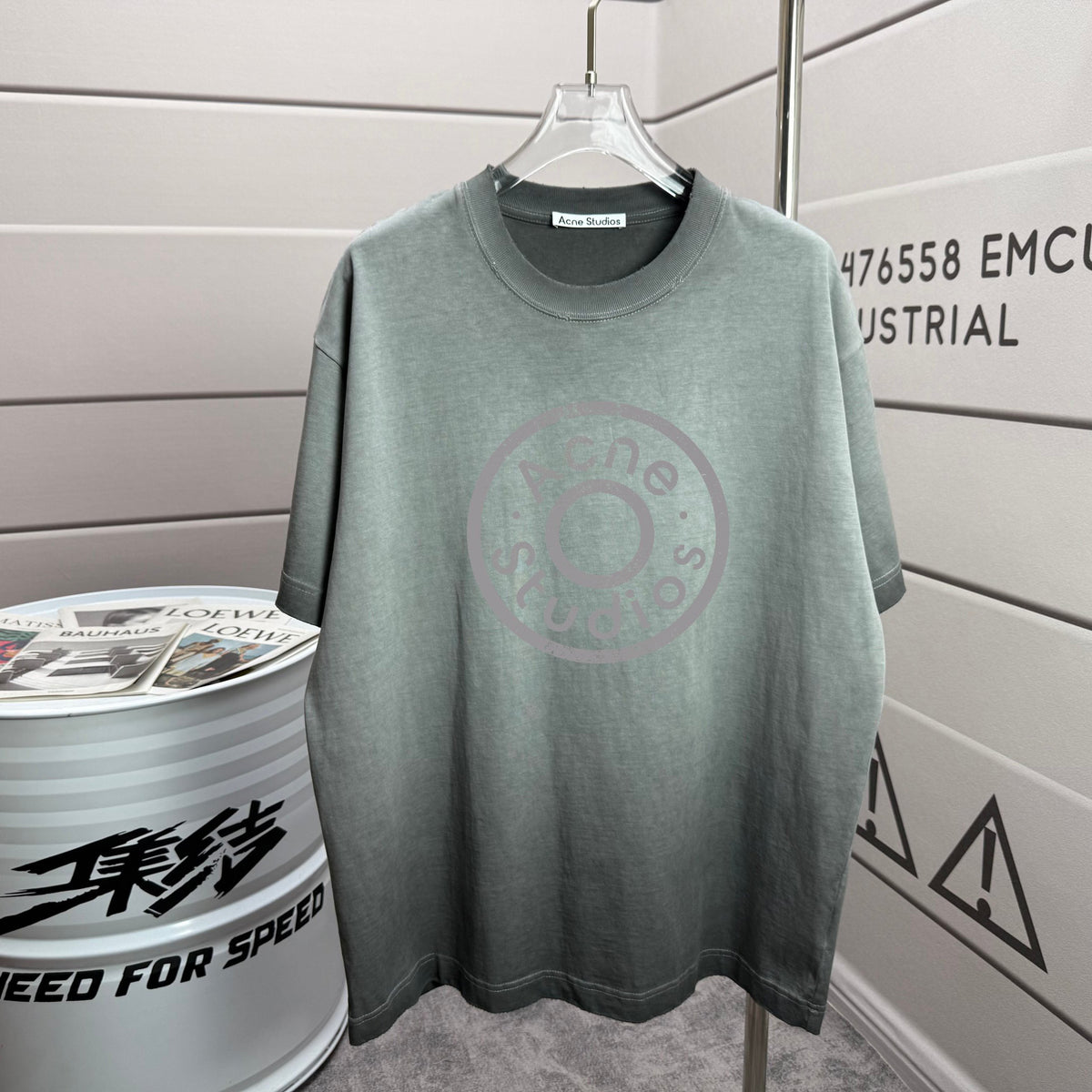 Acne Studios Large Circular Stamp‑Print Distressed‑Trim Crew‑Neck Short‑Sleeve T‑Shirt