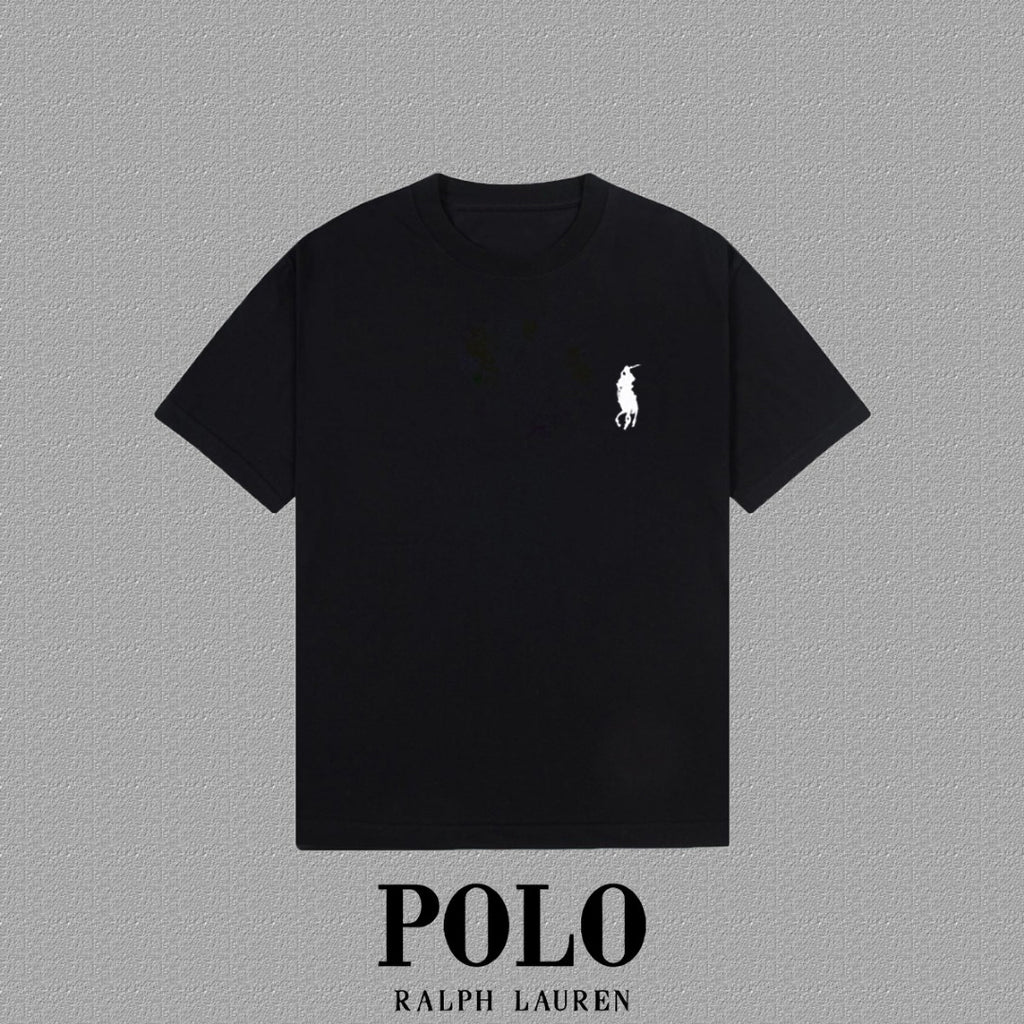 Men's Crew Neck Short‑Sleeve T‑Shirt Small Horse Embroidery Solid Color Casual Tee