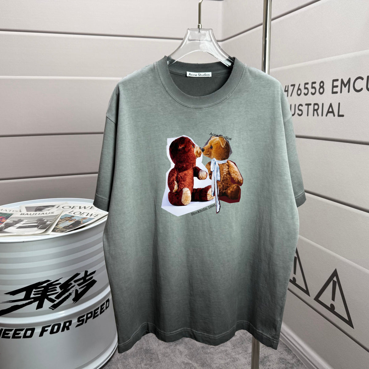 Acne Studios Two‑Teddy‑Bear Graphic Distressed‑Trim Crew‑Neck Short‑Sleeve T‑Shirt