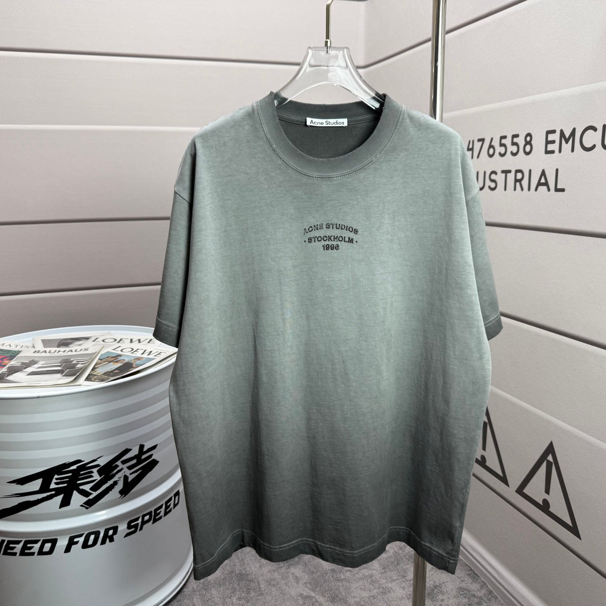 Acne Studios Small Stacked Stockholm‑1996‑Text Distressed‑Trim Crew‑Neck Short‑Sleeve T‑Shirt
