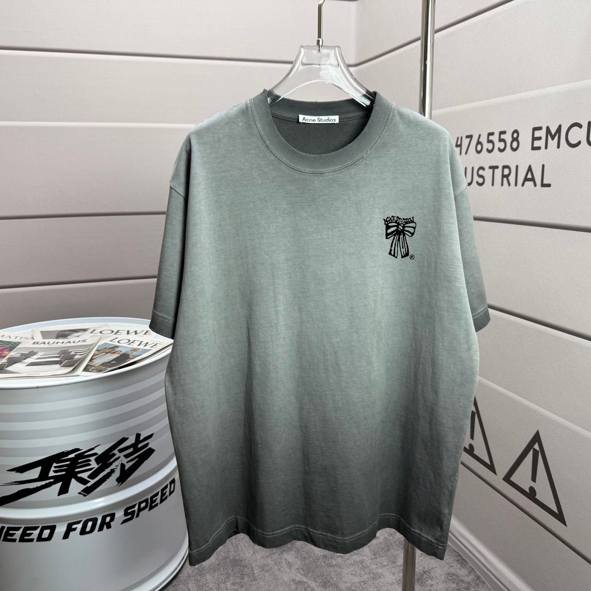 Acne Studios Small Bow‑Graphic Distressed‑Trim Crew‑Neck Short‑Sleeve T‑Shirt