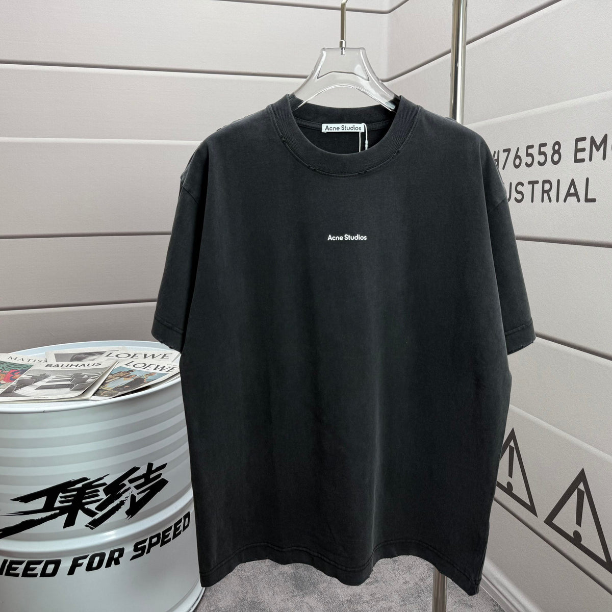 Acne Studios Minimal Centered Chest‑Text Distressed‑Trim Crew‑Neck Short‑Sleeve T‑Shirt