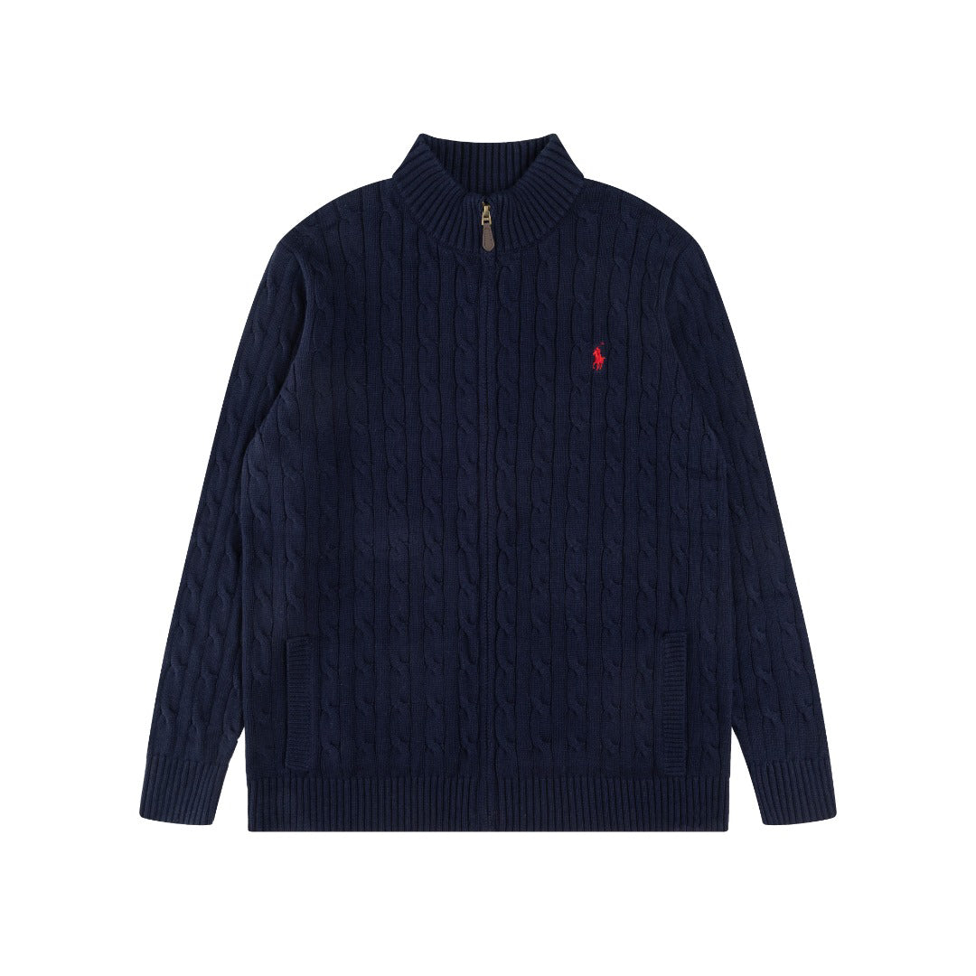 Ralph Lauren Men's Full‑Zip Cable Knit Stand Collar Cardigan Sweater With Navy Pony Logo