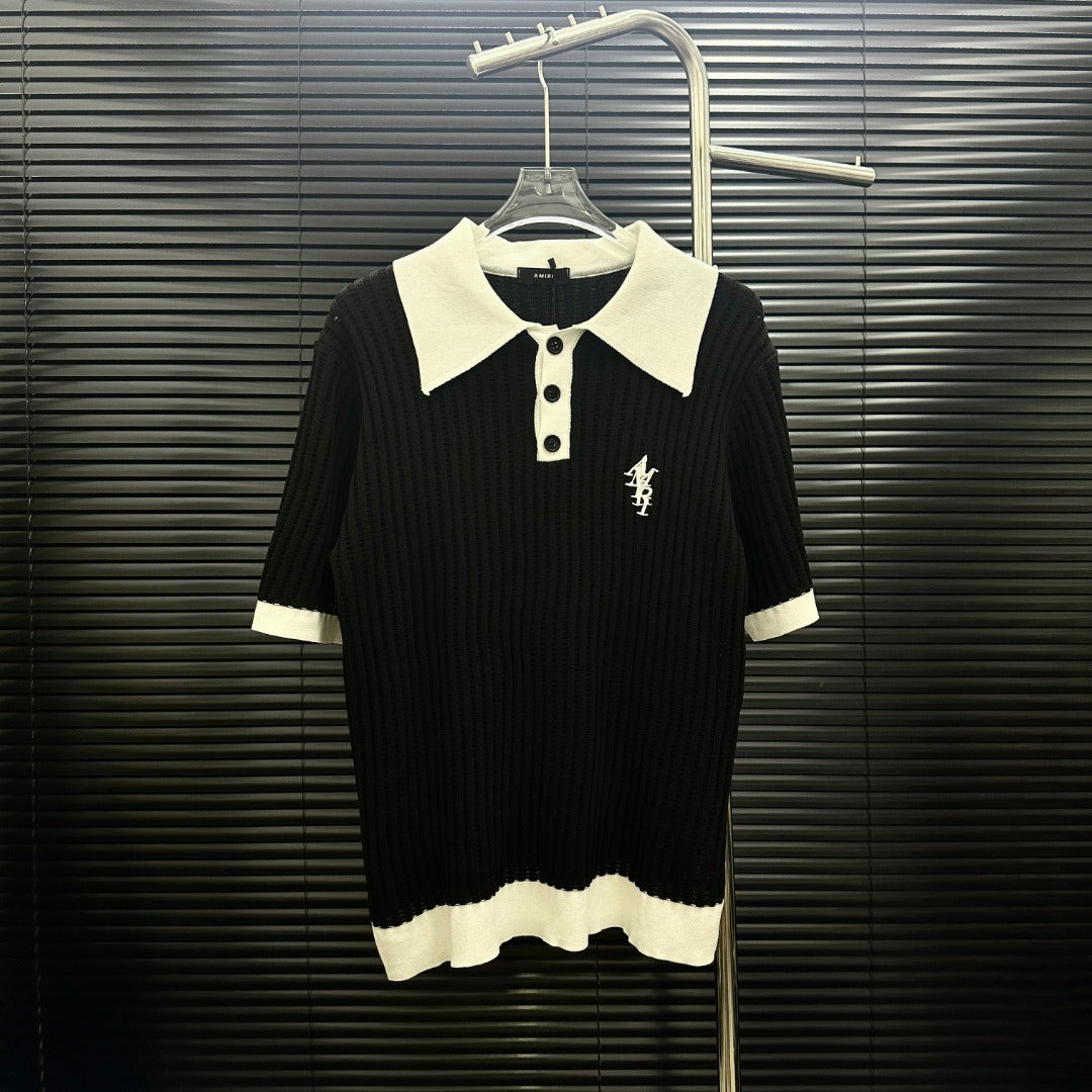 AMIRI Contrast‑Trim Ribbed Knit Short‑Sleeve Polo Shirt
