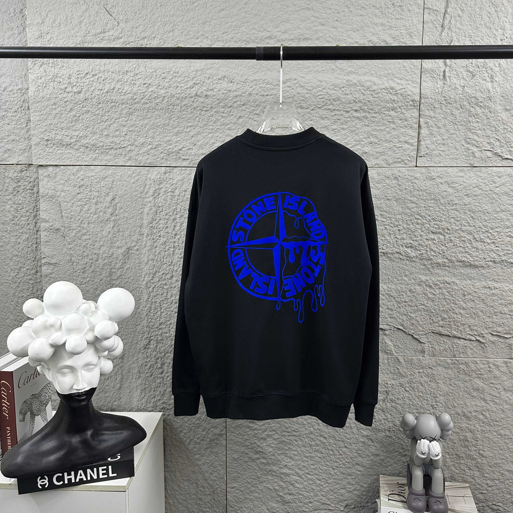 Stone Island Early Autumn–Winter 2026 Sweatshirt — Dripping Compass Star Flocked Logo at Left Chest, Dripping Compass Badge at Centre Back